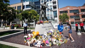 Fans have placed flowers and other tributes at the base of Tony Gwynn's statue at Petco Park. (AP)