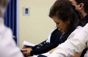Cerritos Mayor Pro-Tem sits inside the ABC School Board Hearing Room after being told to "sit down and shut up" after delivering a rambling talk to school board members. Randy Economy Photo