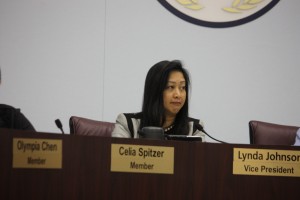 ABC School Board Vice President Lynda Johnson spoke for more than 40 minutes during the heated meeting on Tuesday night.  Randy Economy Photo