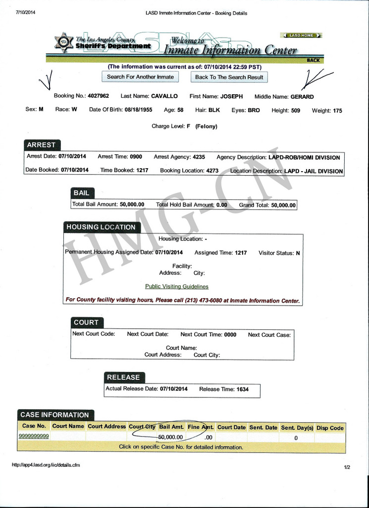 Official Booking Information on the felony arrest of attorney Joseph Cavallo obtained by HMG-CN via the Los Angeles County Sheriff's Department.