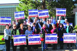 Commerce City Council candidate Hugo Argumedo (center with suit on) held a fundraiser this past week. Central Basin Water Directo Arturo "Art" Chacon, former Councilwoman and Mayor of Commerce Sylvia Munoz, former Councilmember and Mayor of Commerce Jesus Cervantes and over 150 Commerce residents attended the event. Photo by Fernando Chacon.