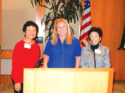 Pictured at the January 15, 2015 meeting of the La Palma-Cerritos Branch of the AAUW are left to right, Co-Program VP Nancy Kawamura, guest speaker Vickie McCoy, and President Barbara Atherton. McCoy is General Manager of Aftercare-Los Angeles for ZOE Children’s Homes. Photo by Edna Ethington