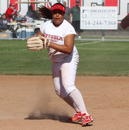 Artesia High freshman third baseman Brenda Duran fields one of the three ground balls hit her away last Friday against Bellflower High. Duran would also drive in a first inning run in Artesia's 4-3 loss to the Buccaneers. PHOTO BY ARMANDO VARGAS, Contributing Photographer