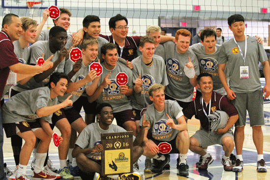 The Valley Christian High boys volleyball team celebrates the program's third California Interscholastic Federation-Southern Section divisional championship after a grueling 19-25, 25-20, 17-25, 25-19, 15-12 victory over Cathedral High last Saturday afternoon at Cerritos College. The boys program also won championships in 2007 and in 2011. PHOTO BY ARMANDO VARGAS, Contributing Photographer