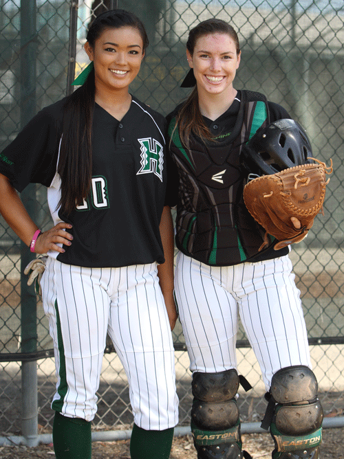 University of Hawai'i freshman pitcher and outfielder Jennifer Iseri (left) and freshman catcher Heather Cameron shortly before their game against Long Beach State University on May 13. The two of them are graduates of Cerritos High. PHOTO BY ARMANDO VARGAS, Contributing photographer