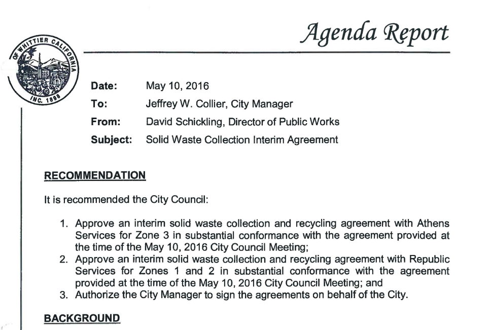 Part of the staff report recommending approval of the contract with Athens and Republic.