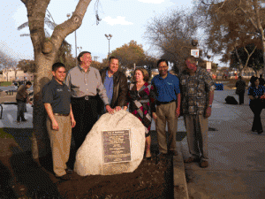 From (l-r) Council Member Juan Garza, Mayor Dan Koops, Mayor Pro Tem Ron Schnablegger, Congresswoman Linda Sanchez, Council Member Sonny Santa Ines and Council Member Ray Dunton enjoy a laugh at the park opening.  Photo by Tammye McDuff.